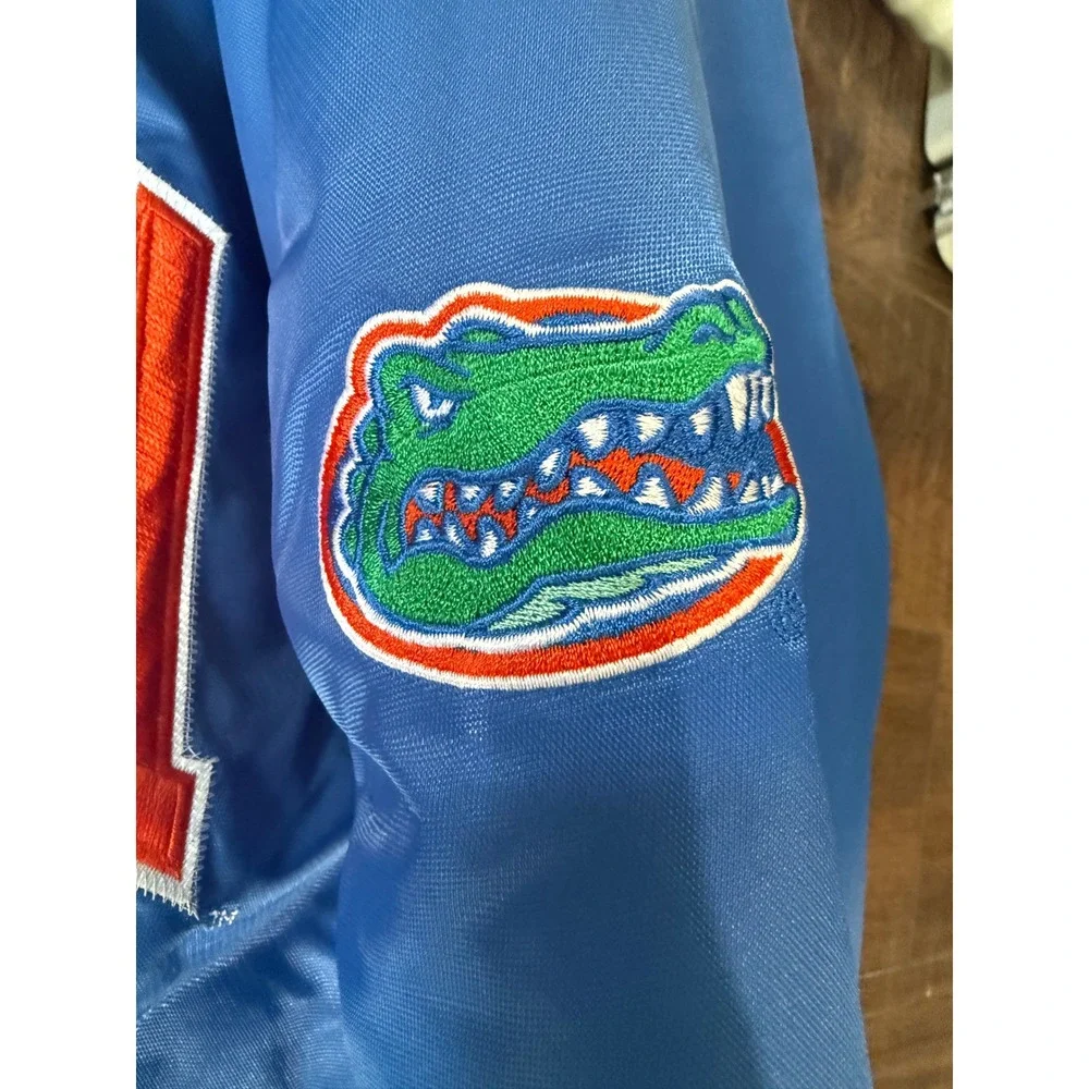 Starter VTG Florida Gators Varsity Bomber Jacket Mens L Blue Satin Snap Front‎